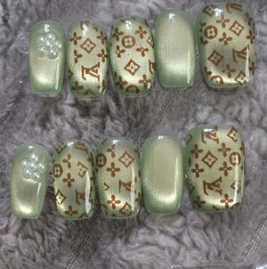 Luxury-Inspired Green Press-On Nails with Gold Monogram Accents